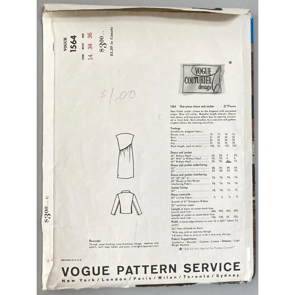 Vogue 1564 Couturier Design Galitzine Italy Jacket Dress Pattern Misses 14 UNCUT